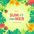 ItÃ¢â¬â¢s Summer time! Flowers and buds of hibiscus, leaves monstera and palm. Tropical template design. Exotic background.